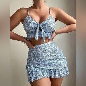 Blue Floral Tie-Front Crop Top & Ruffle Mini Skirt Set